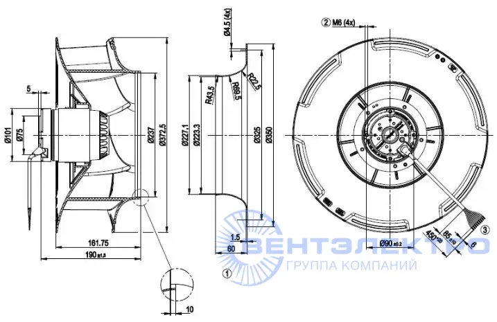 Габаритные размеры центробежного вентилятора  R4D355-RB10-01