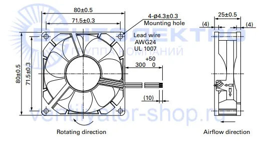 Габаритный чертёж осевого вентилятора 9A0812G4D011 Sanyo Denki