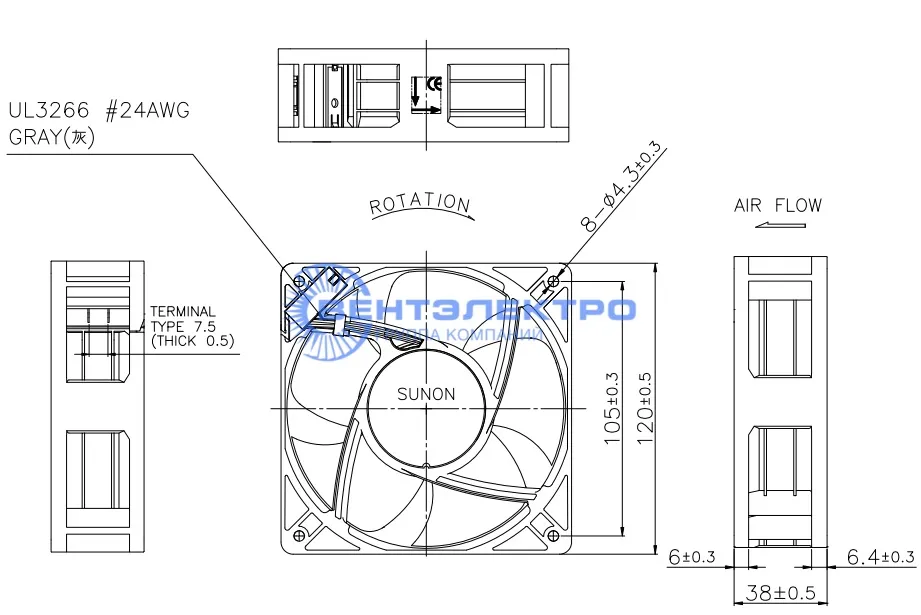 Габариты Sunon CF4113HBT-000U-AA9