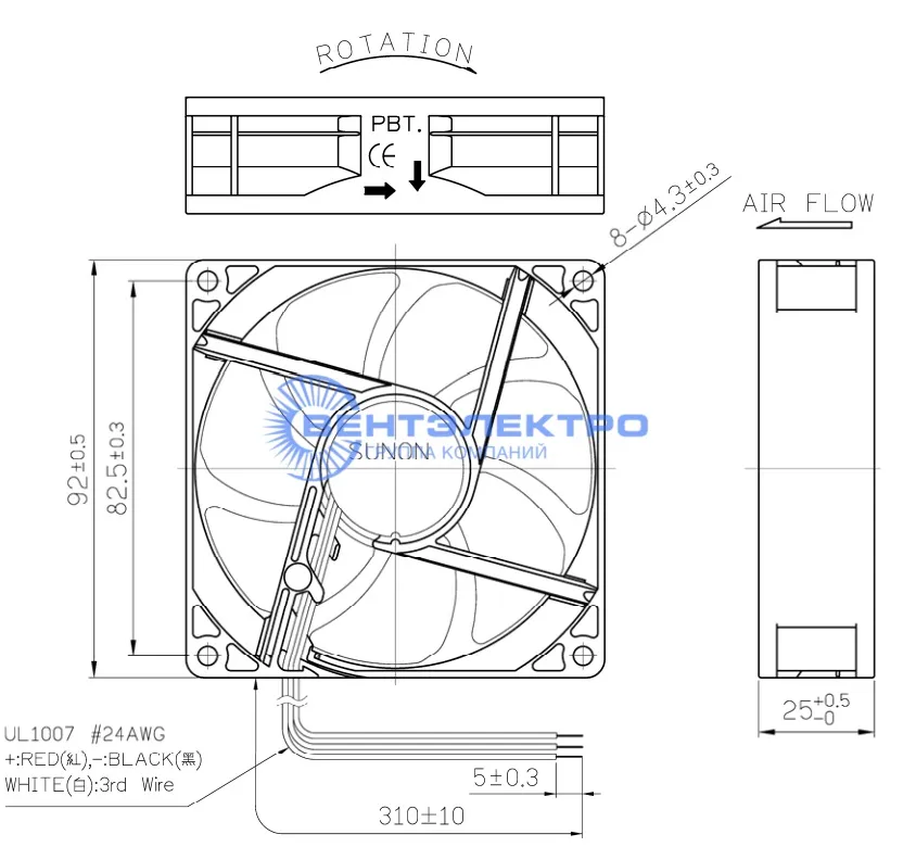 Габариты Sunon MF92251V1-F99-A
