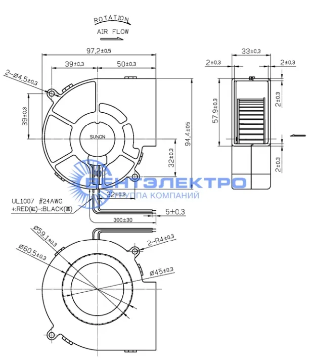 Габариты Sunon PMB2497RYB1-AY