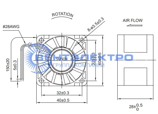 Габариты Sunon SG40281B1-0000-A99 Габариты Sunon SG40281B1-0000-A99