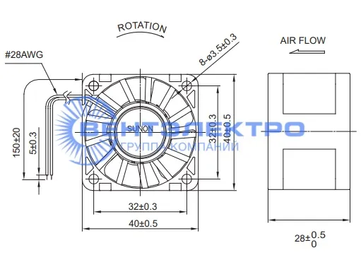 Габариты Sunon SG40281B1-000U-A99 Габариты Sunon SG40281B1-000U-A99
