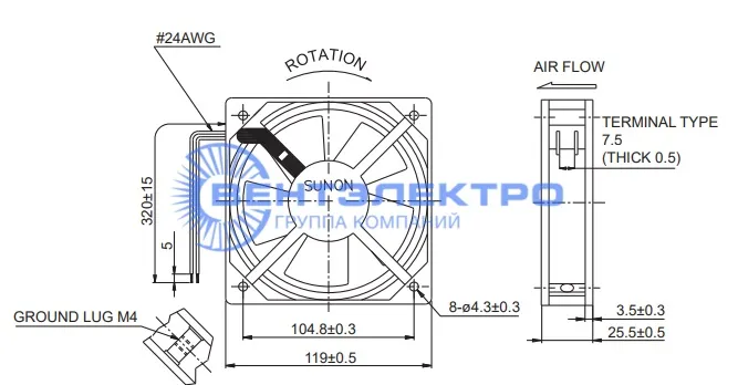 Габариты Sunon SP101AT-1122HST.GN Габариты Sunon SP101AT-1122HST.GN