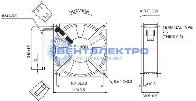 Габариты Sunon SP102A-1123MST.GN Габариты Sunon SP102A-1123MST.GN