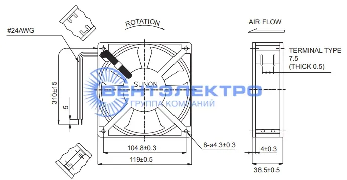 Габариты Sunon SP103A-1123LBT.GN Габариты Sunon SP103A-1123LBT.GN