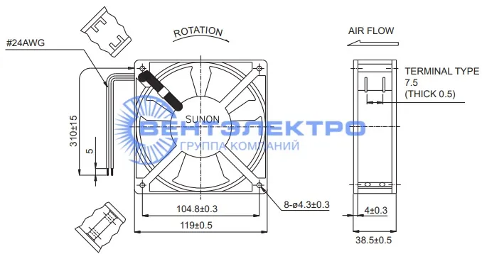 Габариты Sunon SP103A-1123LSL.GN Габариты Sunon SP103A-1123LSL.GN