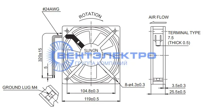 Габариты Sunon SP103AT-1122LSL.GN