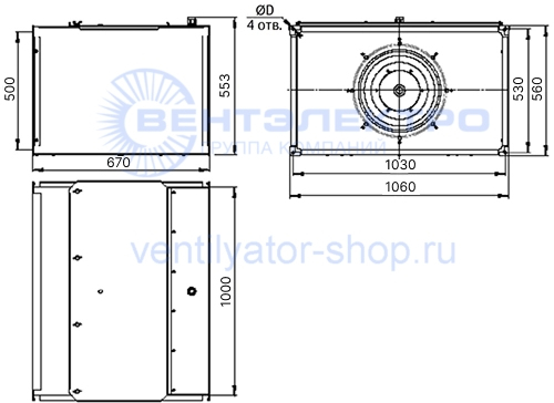 Габаритные размеры канального вентилятора 
ВК 1000x500-45-3,0