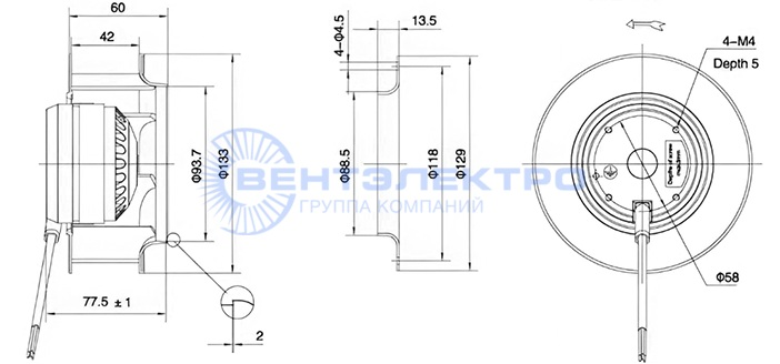 Габаритные размеры радиального вентилятора LXFB2E133/42-P72/15 Weiguang Габаритные размеры радиального вентилятора LXFB2E133/42-P72/15 Weiguang