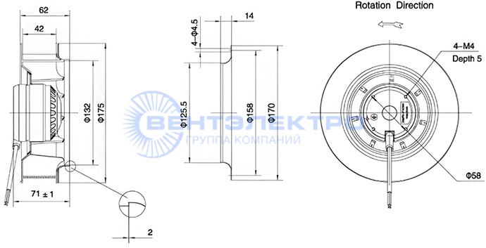 Габаритные размеры радиального вентилятора LXFB2E175/42-P72/20 Weiguang