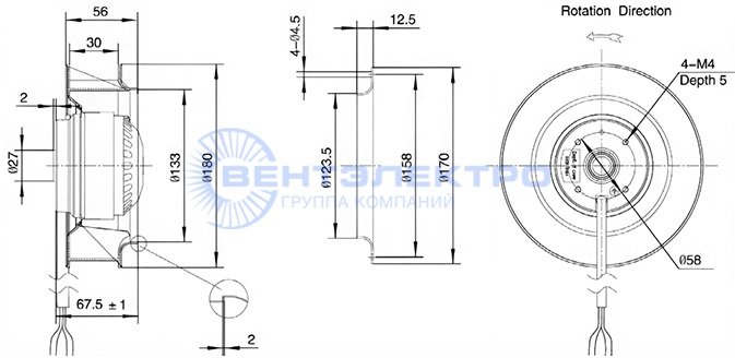 Габаритные размеры радиального вентилятора LXFB2E180/30-P92/15 Weiguang Габаритные размеры радиального вентилятора LXFB2E180/30-P92/15 Weiguang