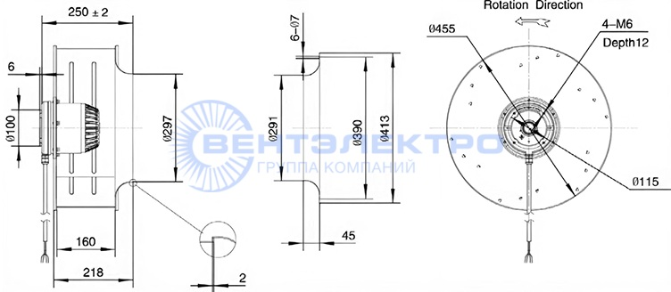 Габаритные размеры радиального вентилятора LXFB4E450/160-M137/070 Weiguang