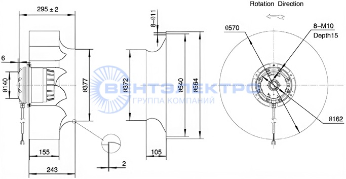 Габаритные размеры радиального вентилятора LXFB6D560/155-M180/075 Weiguang