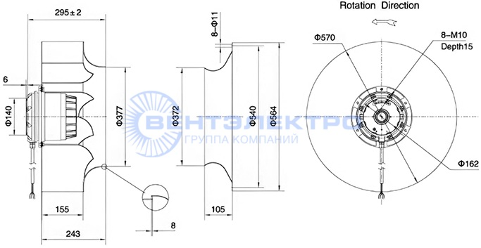 Габаритные размеры радиального вентилятора LXFB6D560/155-M180/75 Weiguang