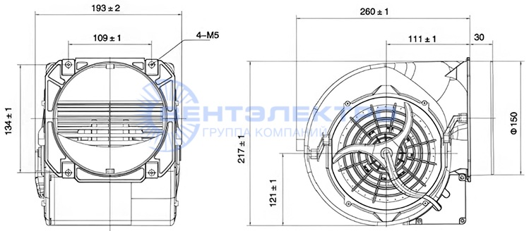 Габаритные размеры радиального вентилятора LXFFD2E146/151-M92/35-AA01 Weiguang