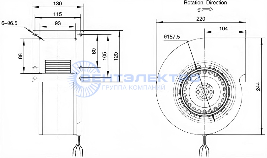 Габаритные размеры радиального вентилятора LXFFG2E140/60-M92/35 Weiguang Габаритные размеры радиального вентилятора LXFFG2E140/60-M92/35 Weiguang