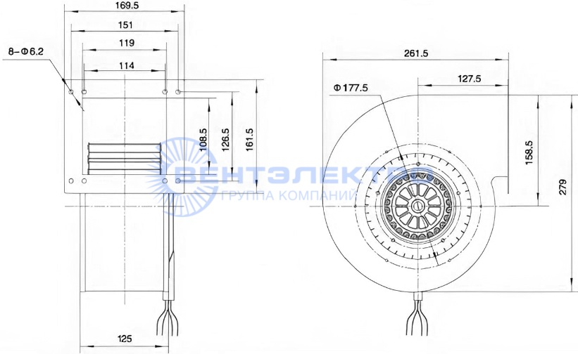 Габаритные размеры радиального вентилятора LXFFG4E180/90-M102/34 Weiguang Габаритные размеры радиального вентилятора LXFFG4E180/90-M102/34 Weiguang