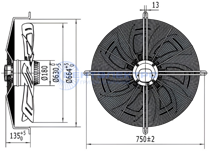 Габаритные размеры осевого вентилятора YWF4D-630-S-180/75-G Weiguang